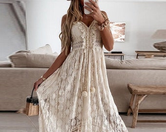 boho red lace dress