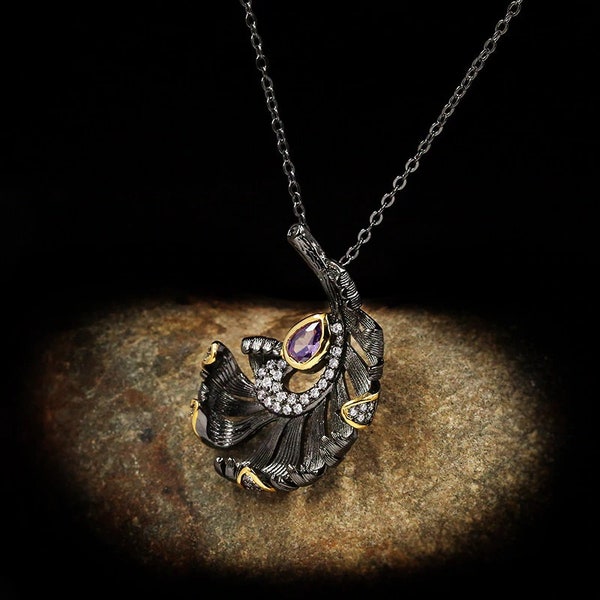 Vintage black leaf pendant with purple zirconite stone woman gift