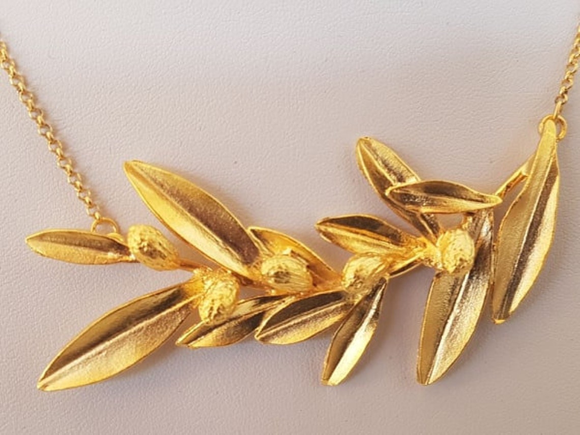 Olive branch necklace gilded brass ancient Greek Etsy