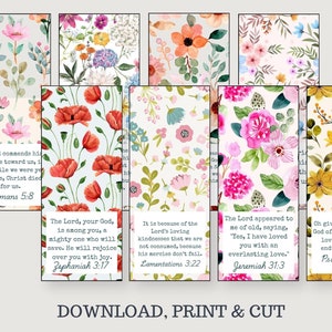 May include: 40 printable bookmarks with floral designs and bible verses. The bookmarks feature a variety of flowers, including roses, poppies, and sunflowers. The verses are printed in black text on a white background.  "But God commends his own love toward us, in that while we were yet sinners, Christ died for us." Romans 5:8. "The Lord, your God, is among you, a mighty one who will save. He will rejoice over you with joy." Zephaniah 3:17. "It is because of the Lord's loving kindnesses that we are not consumed, because his mercies don't fail." Lamentations 3:22. "The Lord appeared to me of old, saying, "Yes, I have loved you with an everlasting love." Jeremiah 31:3. "Oh give thanks to the God of heavens for his loving kindness endures forever." Psalm 136:26.