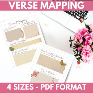 May include: Printable Bible study worksheet with the title "Verse Mapping" and sections for verse reference, cross references, keywords and definitions, context and background, personal insights and application, and prayer and reflection. The worksheet has a light brown background with a floral design.
