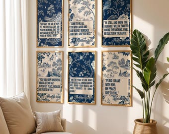Christian Gallery Set of 6 | Bible Verse Wall Art | Vintage Style Scripture Printable INSTANT DOWNLOAD | Blue Toile Religious Decor