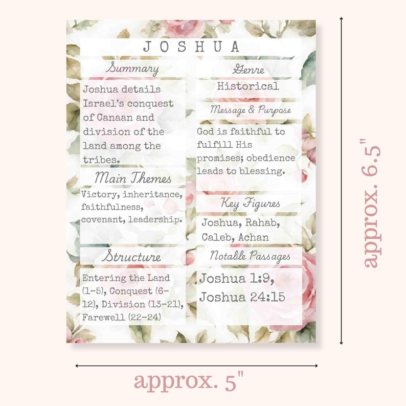 Puede incluir: Una impresi&oacute;n rectangular con el t&iacute;tulo "JOSHUA" y detalles florales. La impresi&oacute;n incluye secciones que detallan el resumen, el g&eacute;nero, los temas principales, el mensaje y el prop&oacute;sito, la estructura, las figuras clave y los pasajes notables. La impresi&oacute;n mide aproximadamente 12,7 cm de ancho y 16,5 cm de alto.