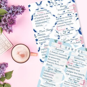 May include: A flat lay featuring Bible study cards with floral designs, a cup of coffee, a keyboard, and lilac flowers on a pink surface. The cards contain text about the books of Ruth and 1 Samuel, including summaries, themes, and key figures.