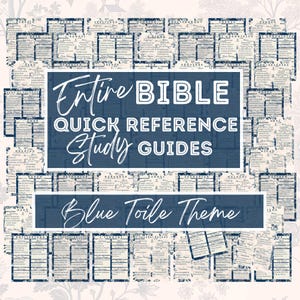 Może przedstawiać: Zbiór przewodników do studiowania Biblii w niebieskim motywie toile de Jouy. Przewodniki są ułożone wokół centralnego tekstu, który brzmi „Entire Bible Quick Reference Study Guides”. Przewodniki są otoczone kwiatowym wzorem.