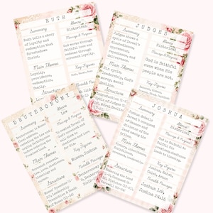 May include: Four rectangular study cards featuring floral borders with pink roses. Each card displays a book of the Bible: Ruth, Judges, Deuteronomy, and Joshua. The text includes summaries, genres, main themes, key figures, and notable passages.