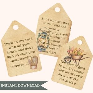 May include: Three vintage-style gift tags with religious quotes. One tag features a cactus illustration and the text "Trust in the Lord with all your heart, and don't lean on your own understanding Proverbs 3:5."