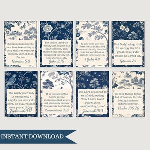 40 geheugenkaarten met bijbelteksten op LIEFDE| Gebedskaart | Christelijk visiebord | Afdrukbare verzen| Blauwe toile-tekstkaarten | Print- en snijkaart