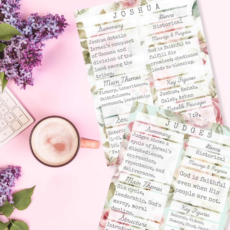 Puede incluir: Un fondo rosa con gu&iacute;as de estudio con motivos florales para Josu&eacute; y Jueces. Las gu&iacute;as incluyen res&uacute;menes, temas y personajes clave. Tambi&eacute;n hay una taza de caf&eacute; y un teclado.