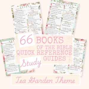 May include: A collection of Bible study guides with a floral "Tea Garden Theme." The guides feature summaries, main themes, key figures, and notable passages from Exodus, Leviticus, Genesis, and other books of the Bible. The title reads "66 Books of the Bible Quick Reference Guides."