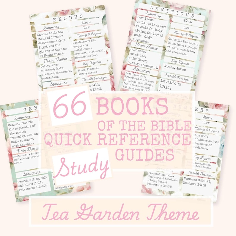 Puede incluir: Un conjunto de gu&iacute;as de estudio b&iacute;blico con un "Tea Garden Theme" floral. Las gu&iacute;as presentan res&uacute;menes, temas principales, personajes clave y pasajes notables de &Eacute;xodo, Lev&iacute;tico, G&eacute;nesis y otros libros de la Biblia. El t&iacute;tulo dice "66 Books of the Bible Quick Reference Guides."