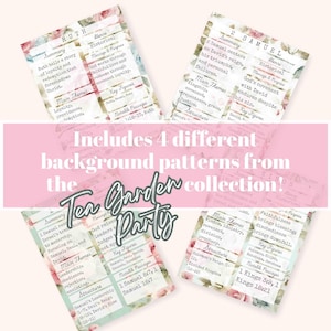 Puede incluir: Cuatro tarjetas con fondos florales de la colecci&oacute;n Tea Garden Party. Cada tarjeta presenta texto con res&uacute;menes, temas principales, figuras clave y pasajes notables de textos b&iacute;blicos. Las tarjetas tienen un esquema de color rosa y blanco.