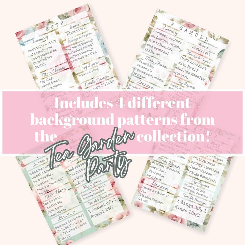Puede incluir: Cuatro tarjetas con fondos florales de la colecci&oacute;n Tea Garden Party. Cada tarjeta presenta texto con res&uacute;menes, temas principales, figuras clave y pasajes notables de textos b&iacute;blicos. Las tarjetas tienen un esquema de color rosa y blanco.
