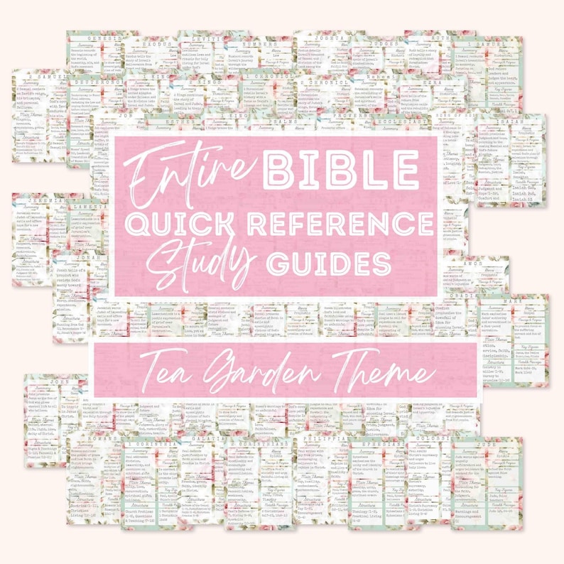 Puede incluir: Una colecci&oacute;n de gu&iacute;as de estudio b&iacute;blico con un tema de jard&iacute;n de t&eacute;. Las gu&iacute;as est&aacute;n dispuestas alrededor de una pancarta rosa con el texto "Entire Bible Quick Reference Study Guides" y "Tea Garden Theme". Las gu&iacute;as tienen un dise&ntilde;o floral.