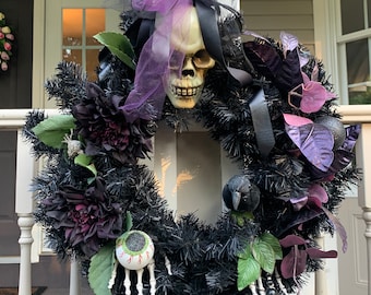 Large Black and Purple Halloween Wreath - 24” Skull Wreath