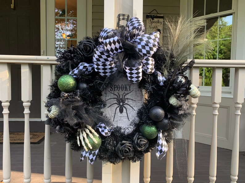 24 Black and green Halloween Wreath Door Decoration image 1