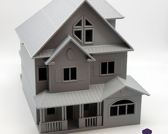 May include: A grey 3D printed model of a two-storey house with a porch, windows, and a roof. The house is detailed with shutters, a front door, and a decorative oval on the second storey.