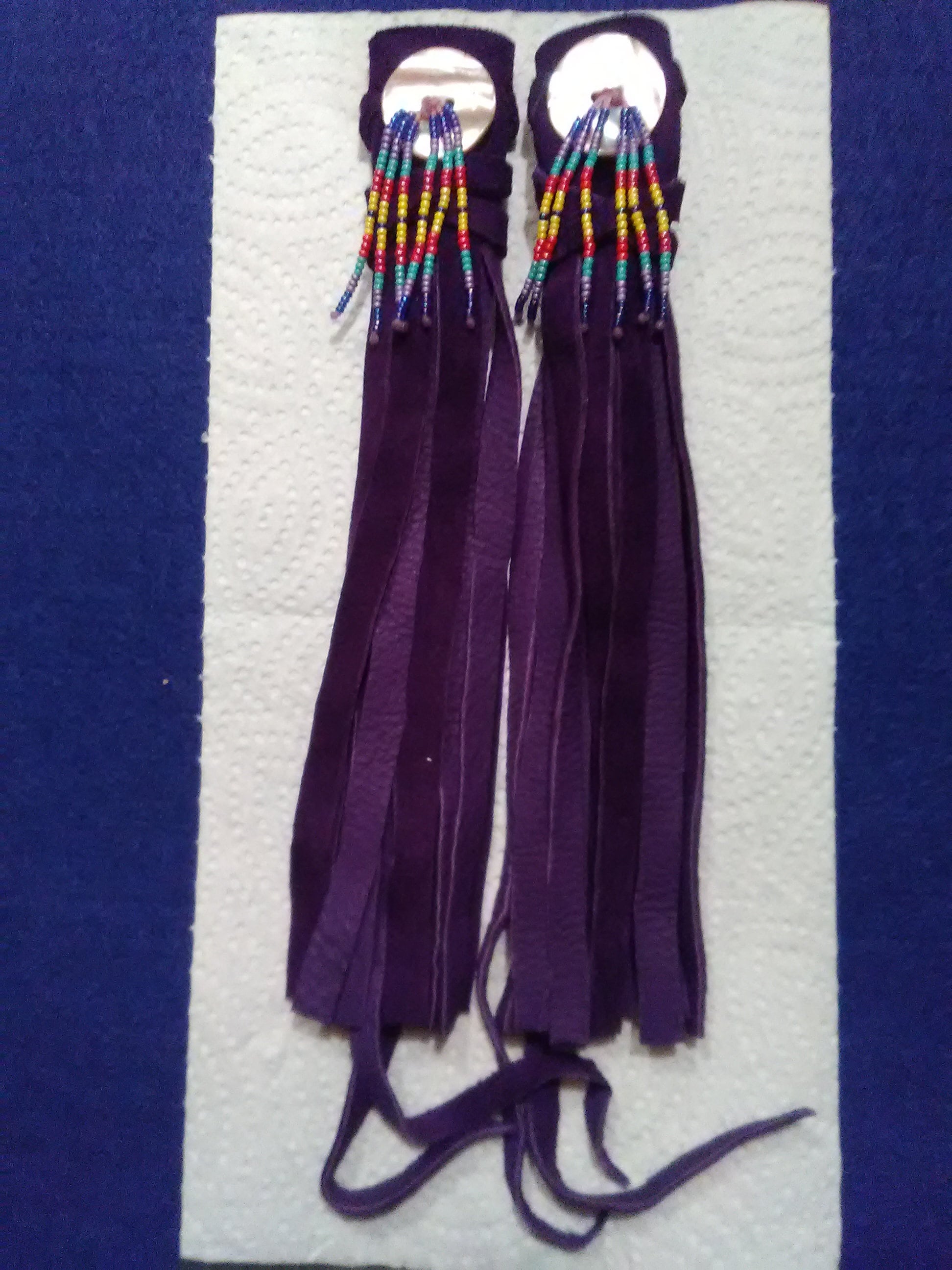 Hand Crafted Cream Suede Fringe Hair Wraps Hand Beaded Abalone Shell Accents Native American Braid Wraps, Handmade by Me, Deerskin Suede  main image 3