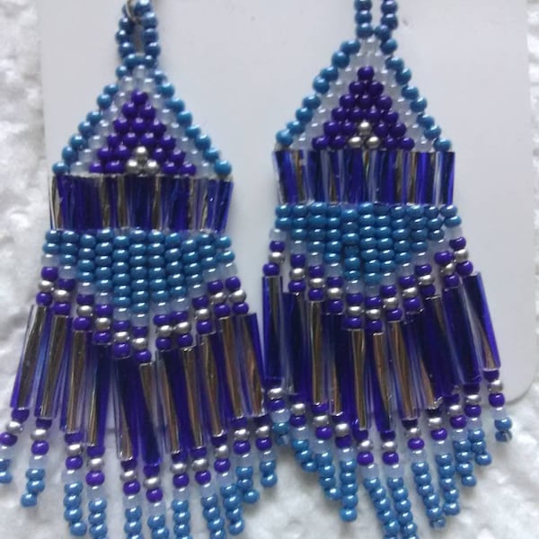 Earrings, Dangle Type, Shades of Blue,2 3/4 inch long,1 inch wide, Native American Beaded, Twisted Bugles,Royal Blue & Silver,Made to Order