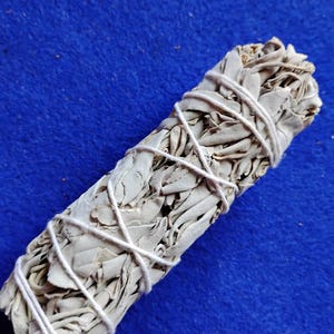 Könnte beinhalten: Ein Salbei-Räucherstäbchen aus weißem Salbei, umwickelt mit weißem Garn. Der Stab ist etwa 15 cm lang und liegt auf einem blauen Hintergrund.