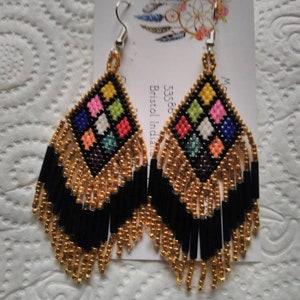 Apache Ladder Earrings, Gold Bordered, handmade by me, Native American Design,Pow Wow Regaillia, "Made to Order" Great Gift item