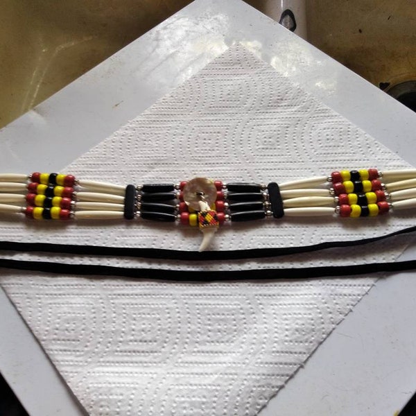 Men's Native American Choker, with 1 inch Abalone Disc and Beaded matching Coyote Tooth in the center,Pow Wow Regaillia, Father's Day Gifts.