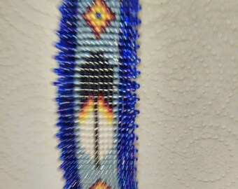 Barrette Beaded Leather, Handmade, Native American, Eagle Feather Barrette, Crystal Blue background,1 inch wide 4 1/2inches long,Slip Blank