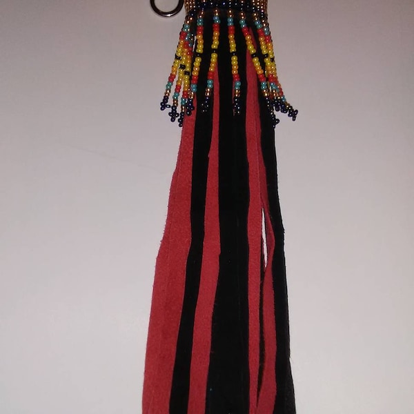 Keychain, 9 inch fluted and Fringed Thunderbird Beadwork. Handmade Native American, Pow Wow Regailia Red, Black and Gold.