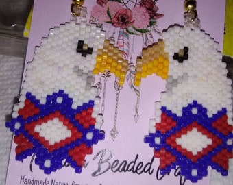 Earrings, Beaded Bald Eagle Head with Patriotic bottom. Handmade by Me! Native American, Great addition to your 4th of July Outfit Gift item