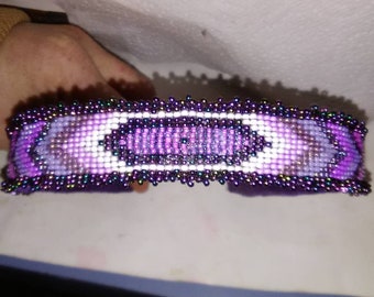 Beaded Leather Hair Band, Flexible Stainless Steel inside, Handmade, Native American,Pow Wow Regalia, Buffalo Suede Leather, Thick, Comfort.