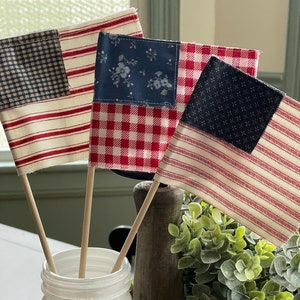 Small USA Fabric Flags, Handmade American Stick Flags, Tiered Tray Decor, Americana Flags, Cottage Core Farmhouse Decor, plant pokes