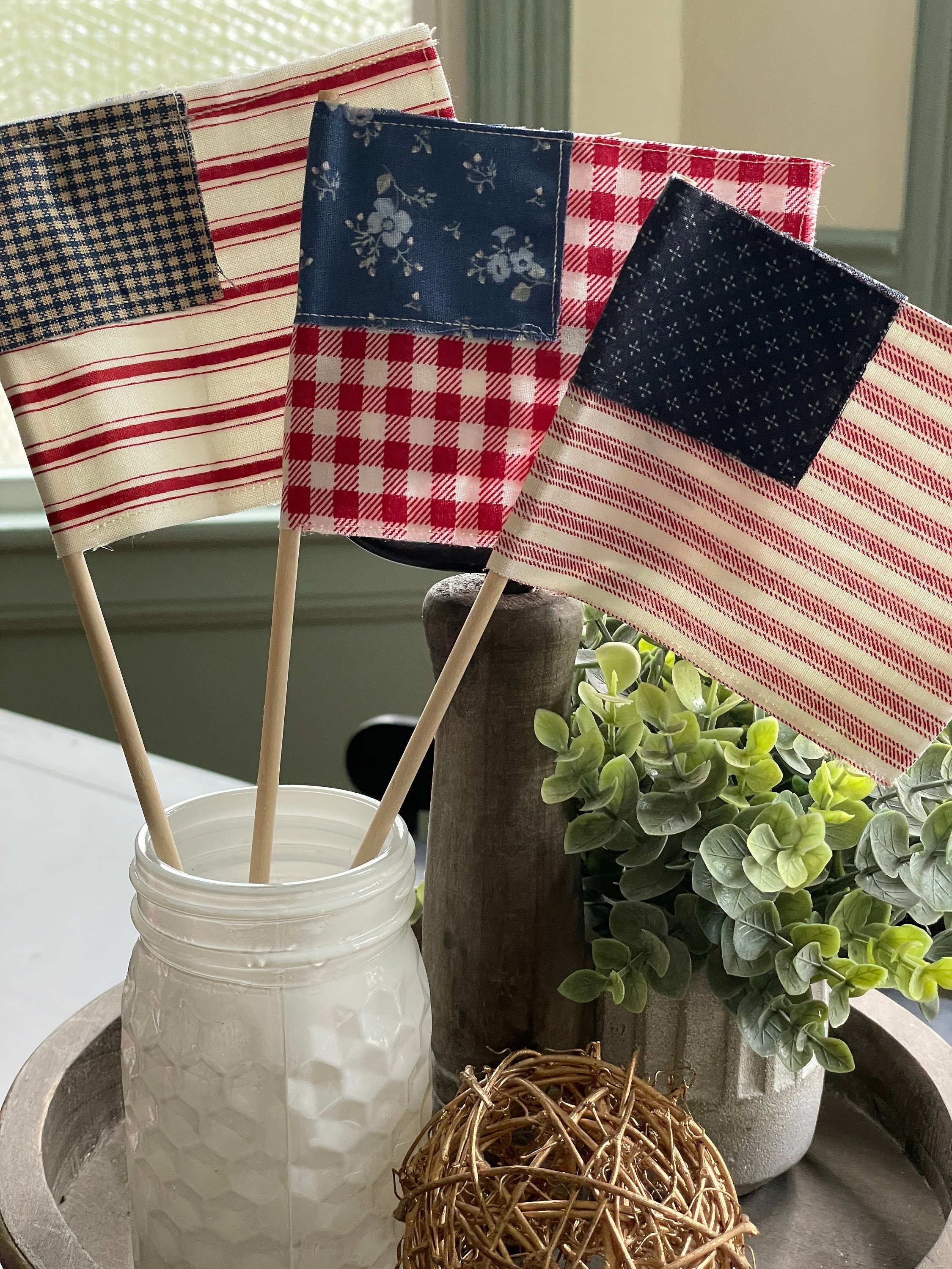 Small USA Fabric Flags, Handmade American Stick Flags, Tiered Tray Decor, Americana Flags, Cottage Core Farmhouse Decor, plant pokes