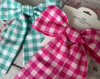 Barbie Bow Clip, Fabric Long Tail Hair Bow, Large Hair Bow, Gingham Hot Pink, Aqua Blue Bow