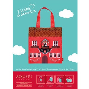 May include: Red and brown reusable shopping bag with a Swiss chalet design. The bag has a white heart with the text "I Liäbä d Schwiiz" on the front. The bag is 35 x 37 x 3.5 inches.