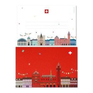 Peut inclure: Une carte postale représentant un drapeau suisse rouge et blanc avec une ville en arrière-plan. La moitié supérieure de la carte postale est blanche avec un drapeau suisse rouge et blanc au centre. La moitié inférieure de la carte postale est rouge avec une ville en arrière-plan. Les bâtiments sont de différentes couleurs, notamment rouge, blanc, bleu et vert. La carte postale est décorée de confettis et d'une guirlande de drapeaux.