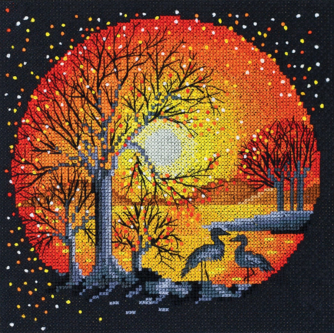 Sunset Cross Stitch Birds kit Round cross stitch sunset Etsy