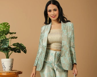 Handwoven formal partywear banarasi Brocade Powder blue brocade pant three piece Suit office corporate wear free shipping worldwide