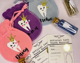 Personalised Tooth Fairy bag and bottle, personalised pink velvet pouch with toothy receipt and fairy dust bottle!