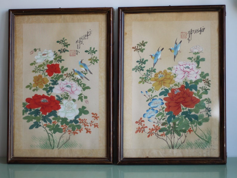 Antique Japanese Silk Painting 50s Vintage / Birds and Etsy