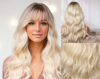 Platinum Blonde Wig With Bangs, Long Blonde Wig, Dark Roots, Light Blonde Wavy Wig, Bleach Blonde Hair, Beach, Summer, Synthetic Hair