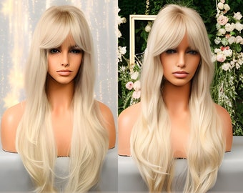 Light Blonde Layered Long Wig With Bangs Golden Platinum Wig Ash Honey Layers Summer Autumn 2023 2024 2025