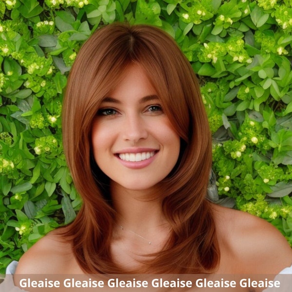 Perruque rousse longue couche avec frange châtain cuivre gingembre Auburn cheveux roux brun rougeâtre cheveux fantaisie Orange