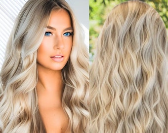 Blonde Babylights Highlights Clin In Hair Extensions, Wavy, Curly, Straight, Synthetic Hair, Platinum Halo Hairpiece, Ash Blonde Hair
