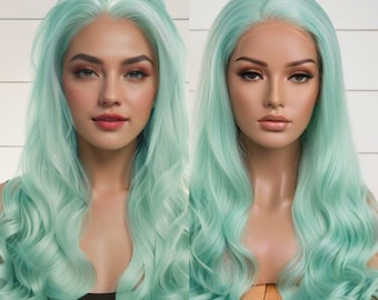 Lace front Mint Wavy Wig Heat-Resistant, Mint Green Wig, Light Green Long Wig Synthetic Wig