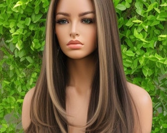 Long Layered Brown Wig With Blonde Highlights, Brunette Hair Color, With Bangs or Lace front, Synthetic wig, Heat-Resistant, Straight Wig