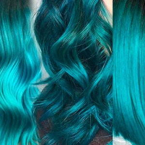 ディープティールのヘアエクステンション、アクアクリップインヘアストリーク、アプラット、海、ビーチ、夏、ハイライト、ファンシーヘア