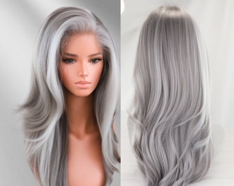 Perruque lacet dégradé gris cendré, Cheveux poivre et sel, Cheveux gris argenté, Perruques synthétiques, Perruque longue