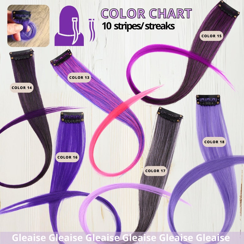 Pu&ograve; includere: Tabella colori che mostra dieci diverse extensioni per capelli colorate con clip. I colori sono viola, rosa, blu e grigio. La tabella &egrave; etichettata "COLOR CHART 10 stripes/streaks".