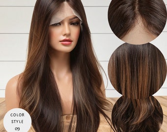 Brown Wig With Highlights Long Lace Front Ashy Brown With Cream Highlights  Wave Wig Layered Beachy Waves Ash Brown Brunette Hair Color