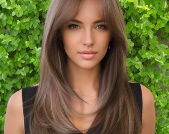 Long Layered Brown Wig With Bangs or Lace front, Blonde Highlights, Brunette Hair Color, Everyday Wear Fringe Wig, Synthetic Heat Safe